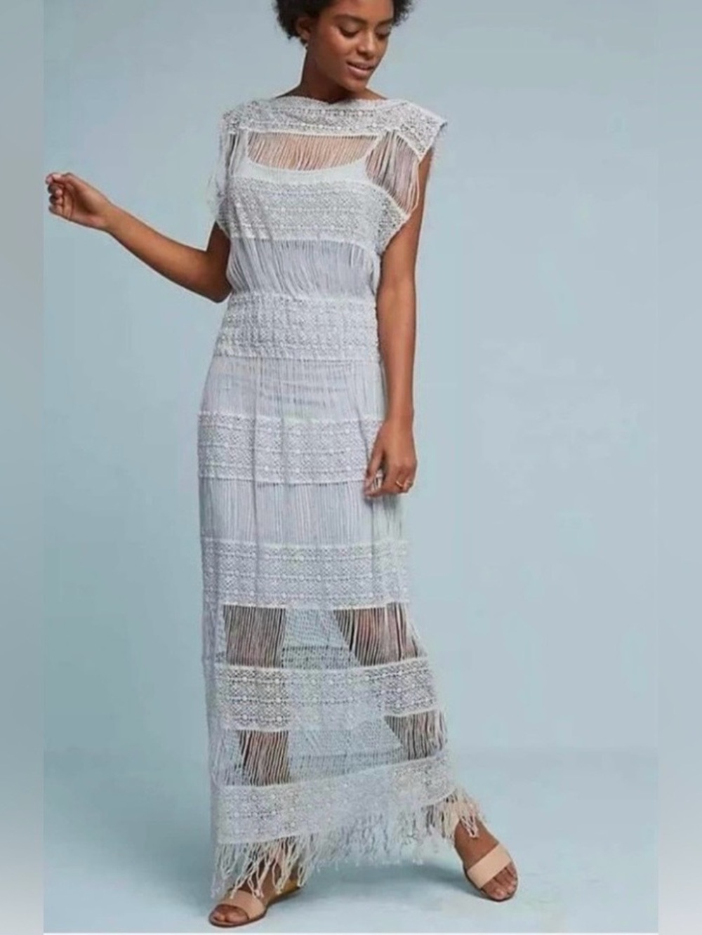 Callahan Light Gray Crocheted Fringe maxi dress